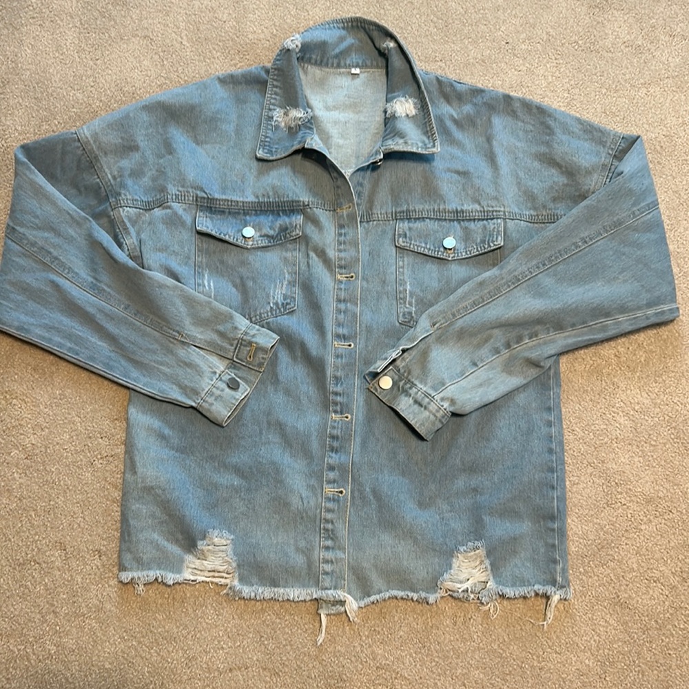Distressed denim lightweight shacket